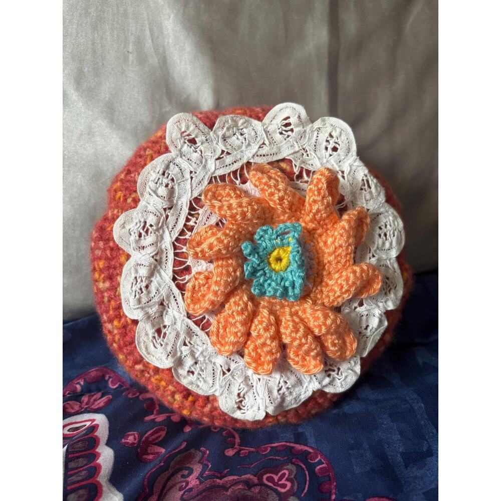 Handmade Velvet Flower Plushie, Orange Throw Pillow, Cottagecore Home Decor